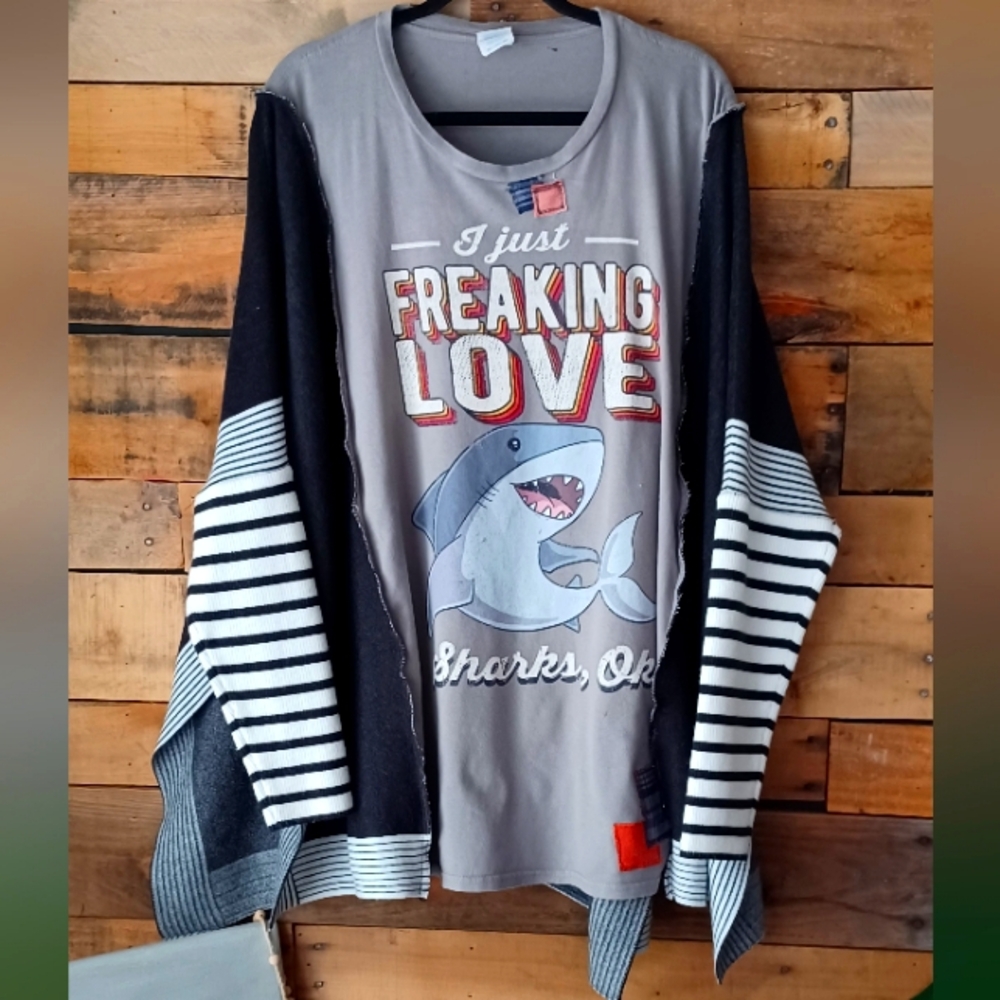 Upcycled Gray Shark Graphic Long Sleeve Top - Picture 4 of 12